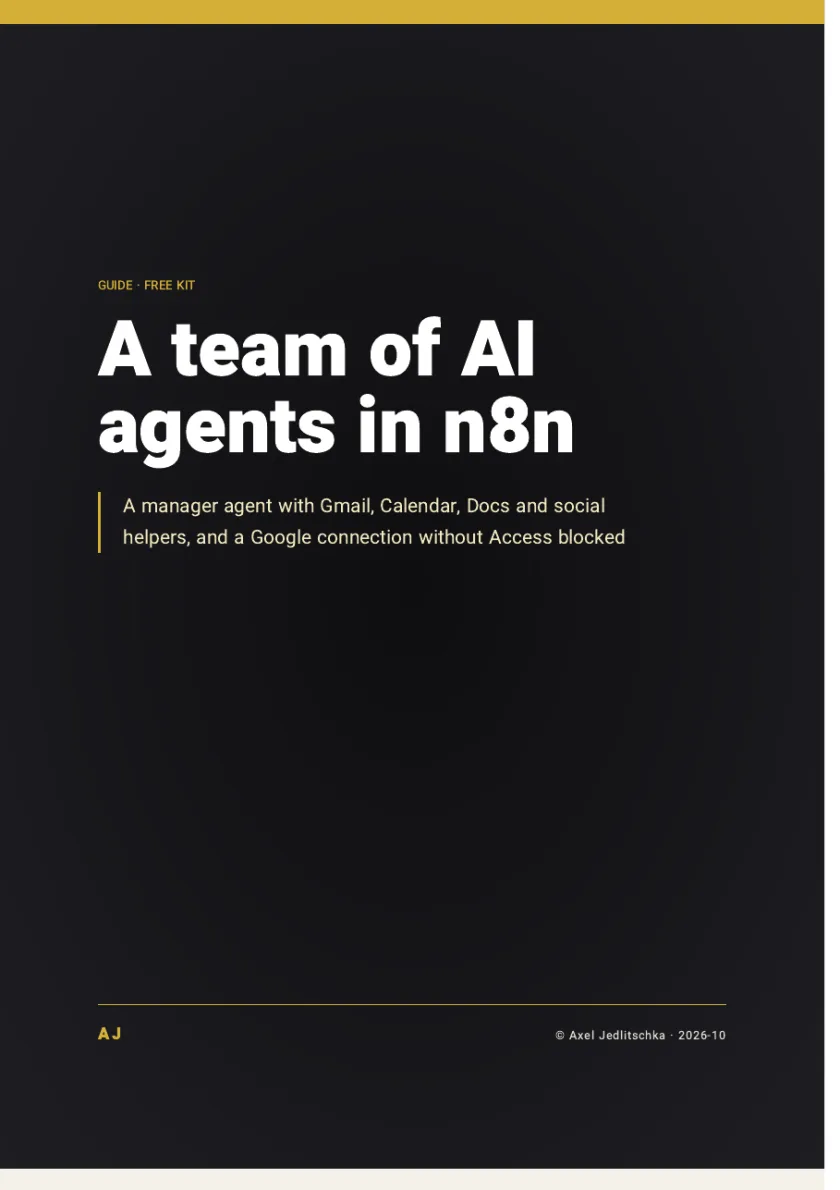The first page of the guide: a team of AI agents in n8n, ready to import