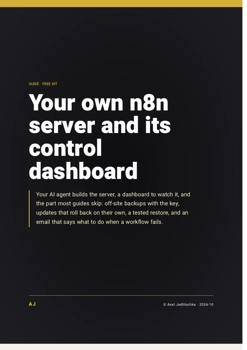 The first page of the guide: your own n8n server, set up, hardened, backed up and monitored